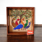 Wooden Hand Painted Serving Tray Peacock Design